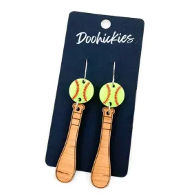 3 Bat & Ball Dangle Earrings - Softball Earrings