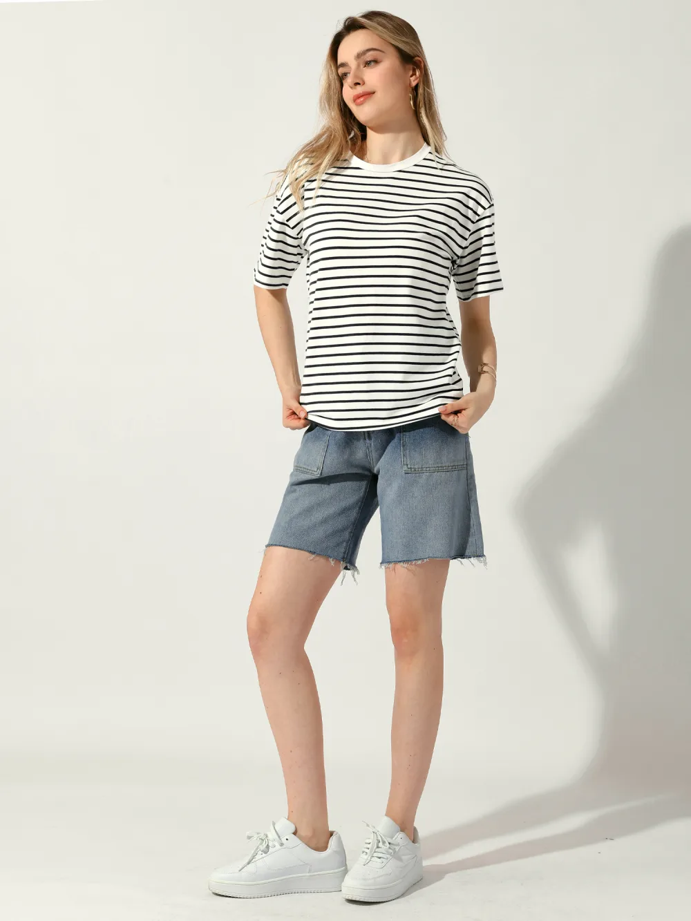 Allegra K - Striped Crewneck Short Sleeve Casual Top