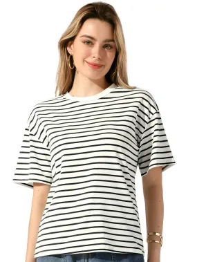 Allegra K - Striped Crewneck Short Sleeve Casual Top