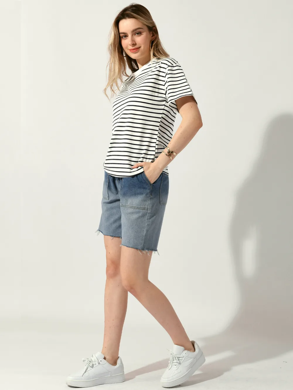 Allegra K - Striped Crewneck Short Sleeve Casual Top