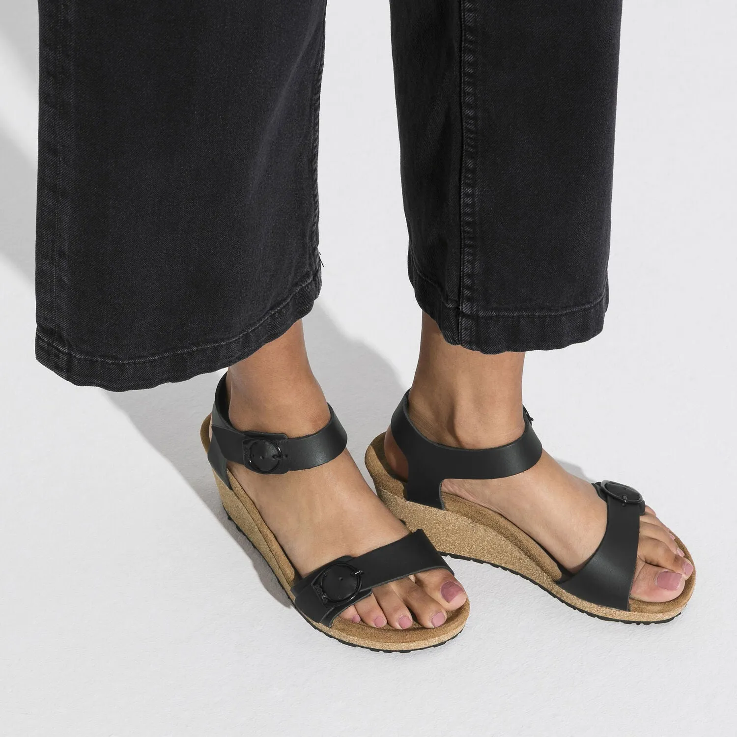 Birkenstock Soley Ring-Buckle Leather Wedge Sandal in Black