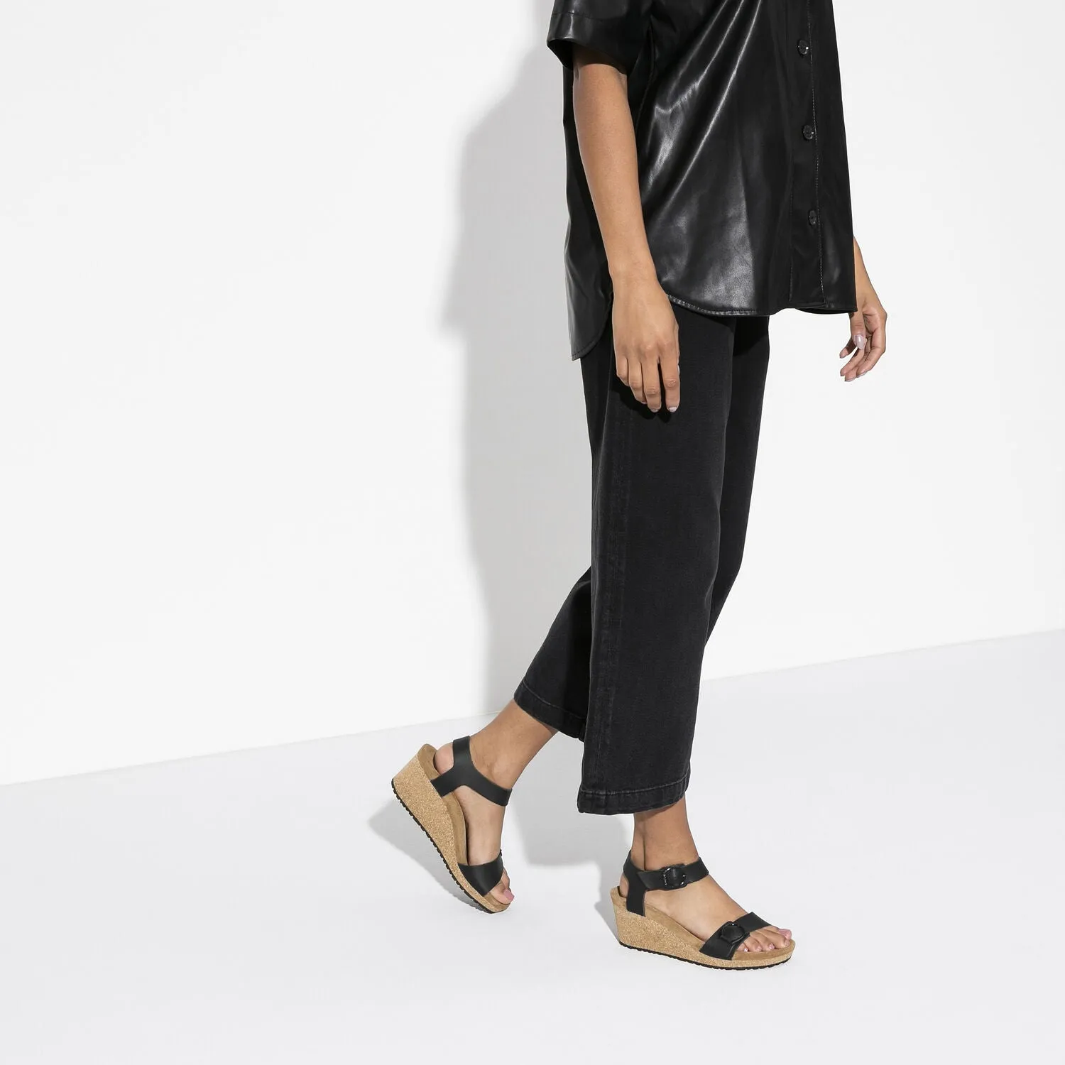 Birkenstock Soley Ring-Buckle Leather Wedge Sandal in Black