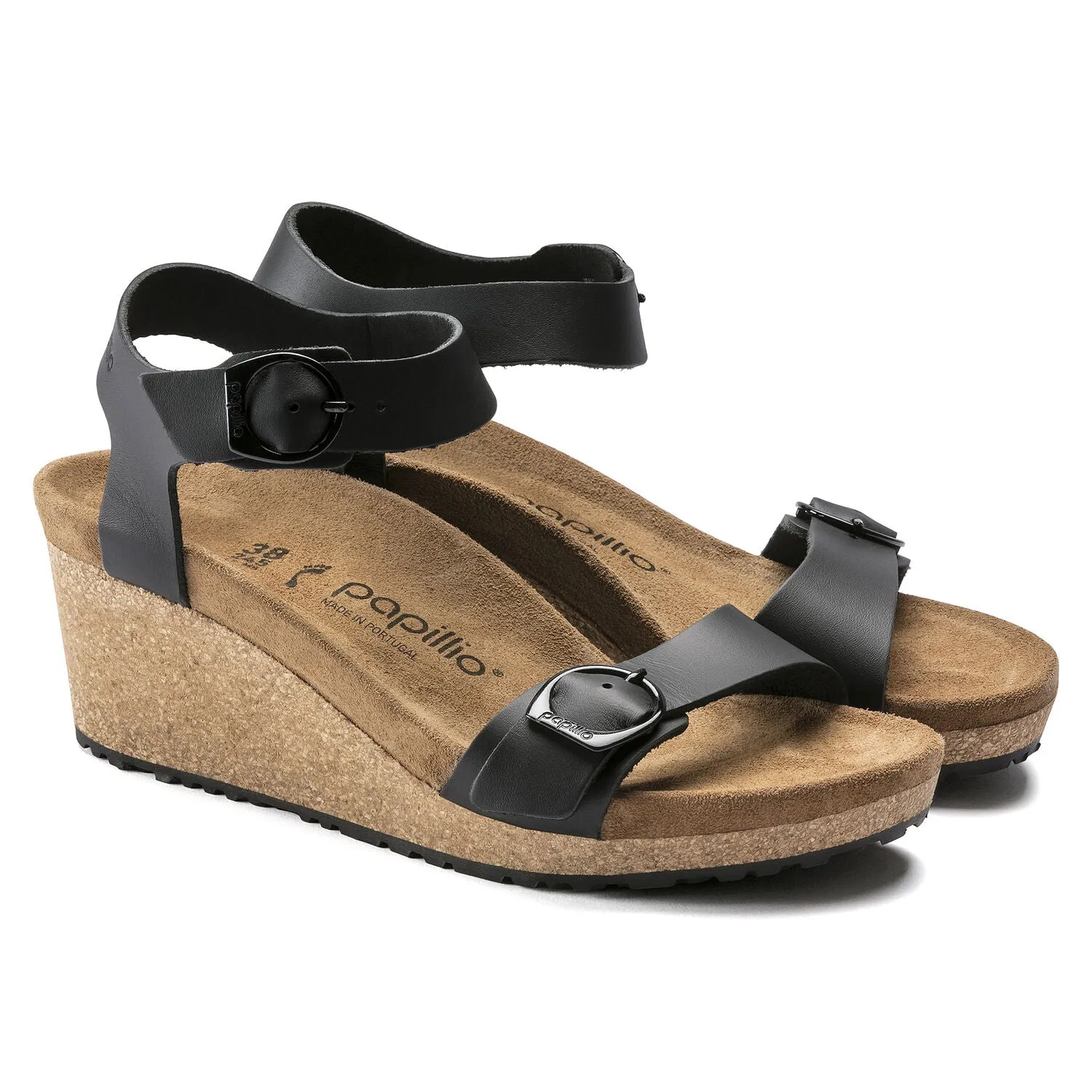 Birkenstock Soley Ring-Buckle Leather Wedge Sandal in Black