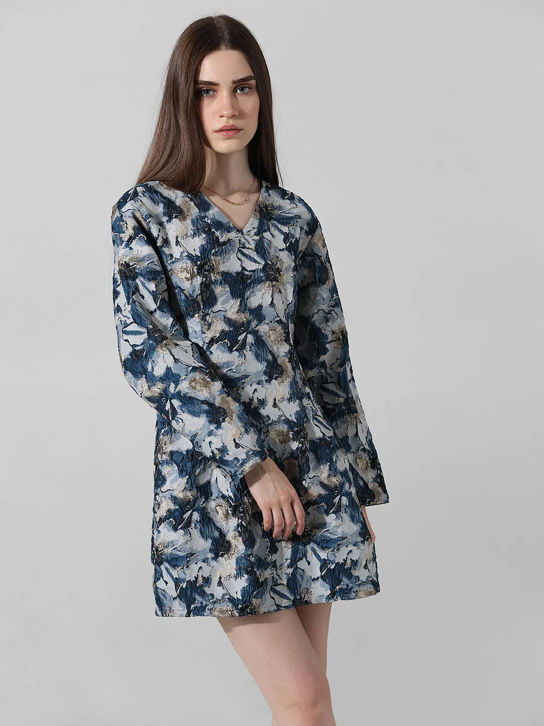 Blue Floral Jacquard Mini Dress