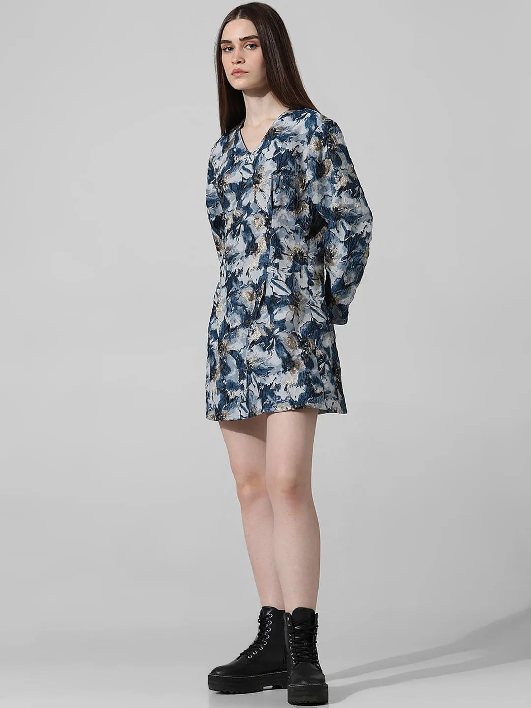 Blue Floral Jacquard Mini Dress