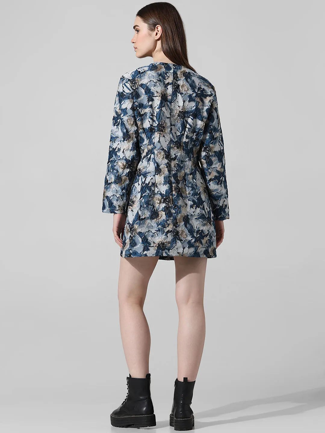 Blue Floral Jacquard Mini Dress