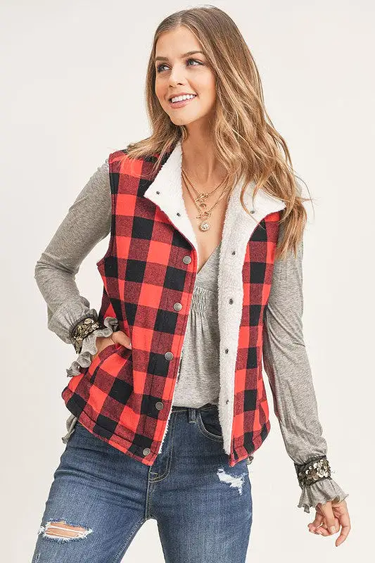 Checks Out Sherpa Vest - Red