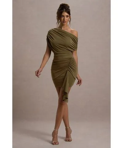 Club L London - USA Osmanthus | Khaki Asymmetric Draped Mini Dress