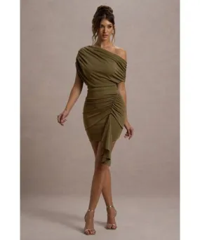 Club L London - USA Osmanthus | Khaki Asymmetric Draped Mini Dress