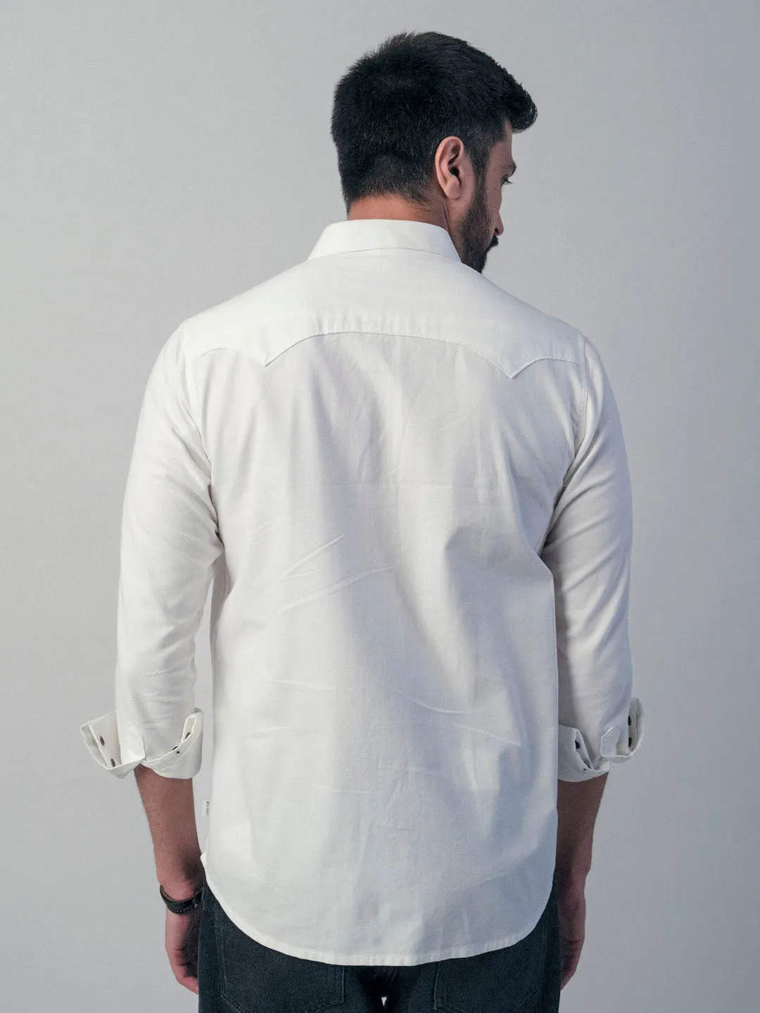 Contrast Button Cotton Twill White Shirt - Caravan