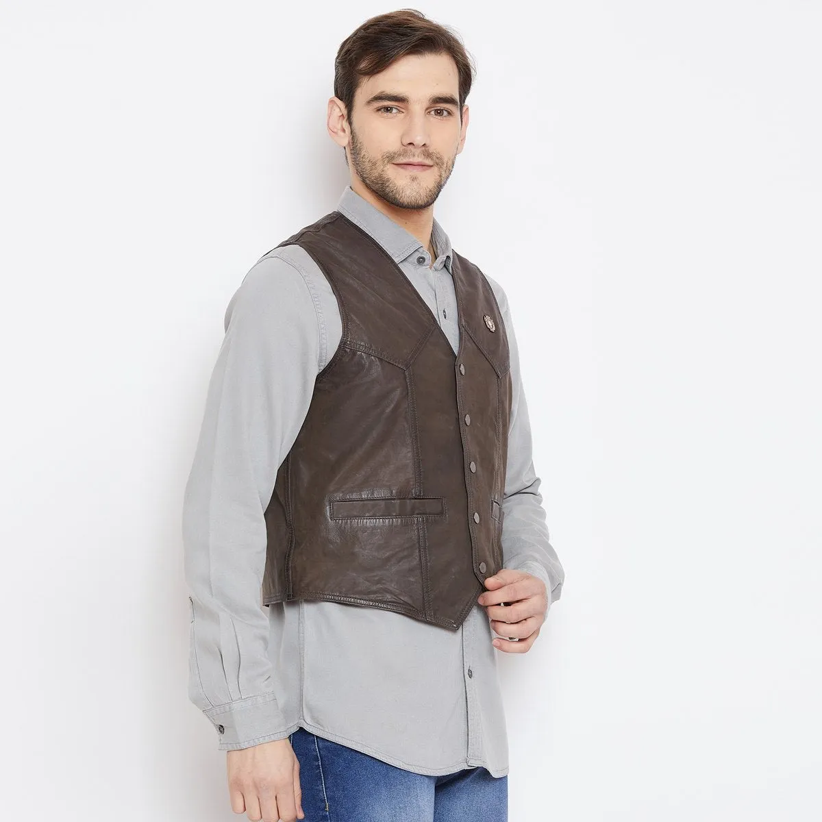 Dark Brown Collarless Leather Vests By Bareskin