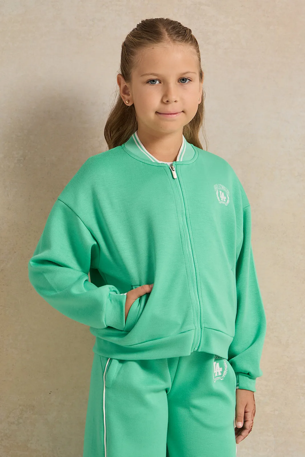 Girls Green Placement Print Sweatshirt