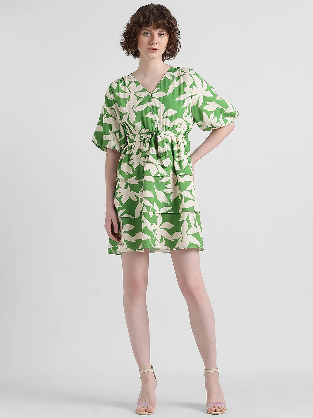 Green Tropical Print Mini Dress