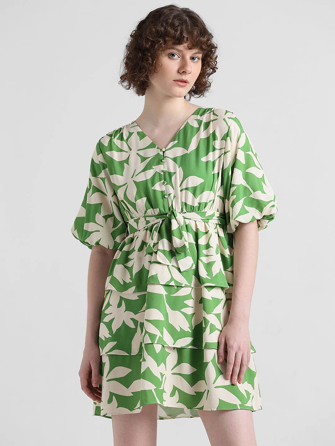 Green Tropical Print Mini Dress