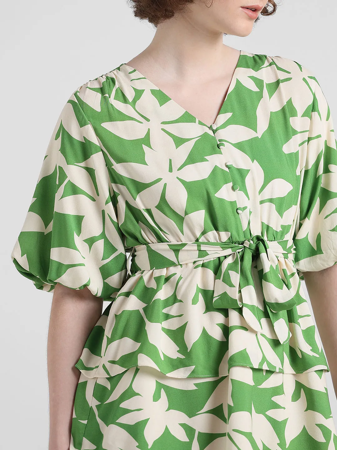 Green Tropical Print Mini Dress