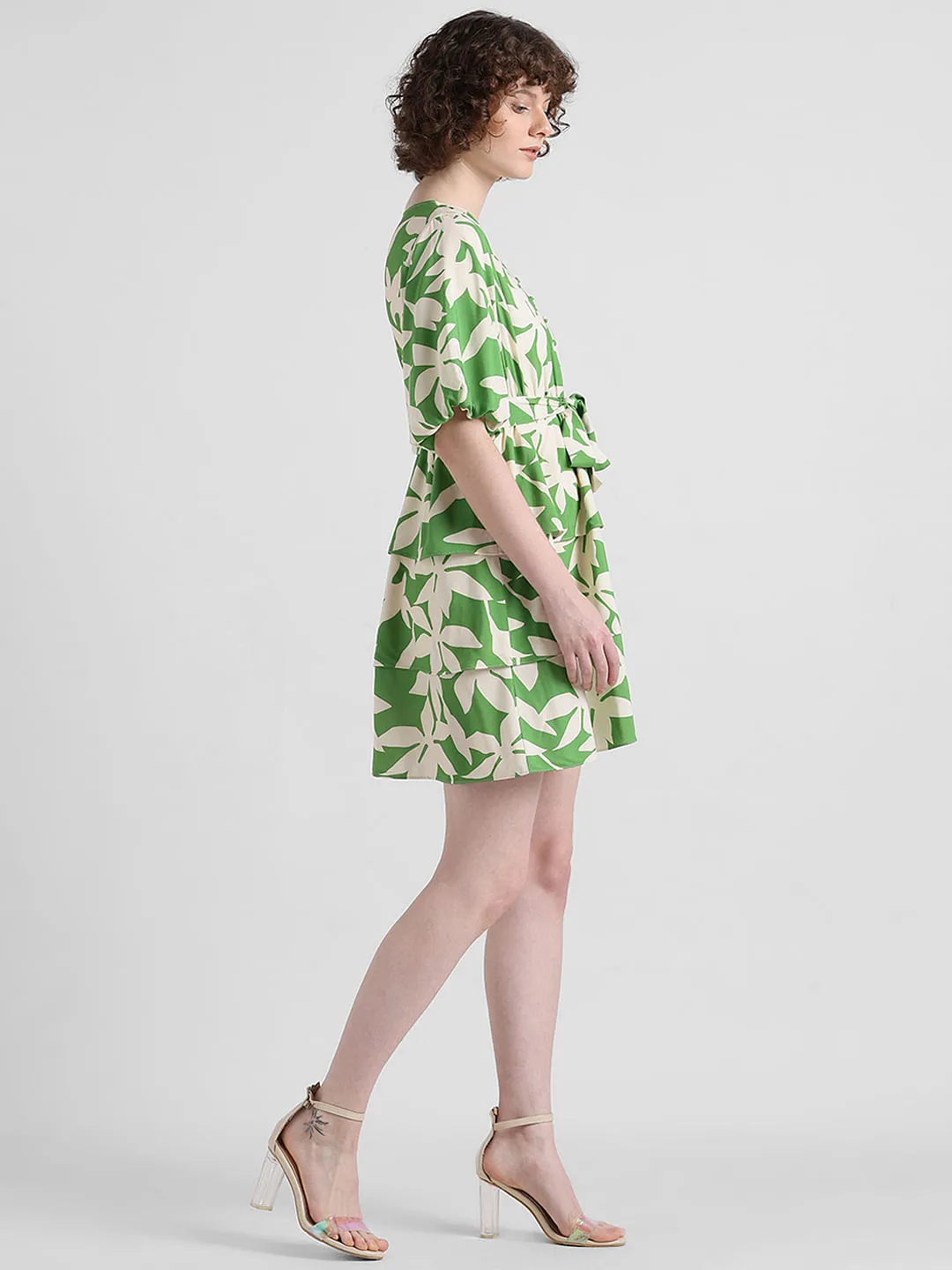 Green Tropical Print Mini Dress