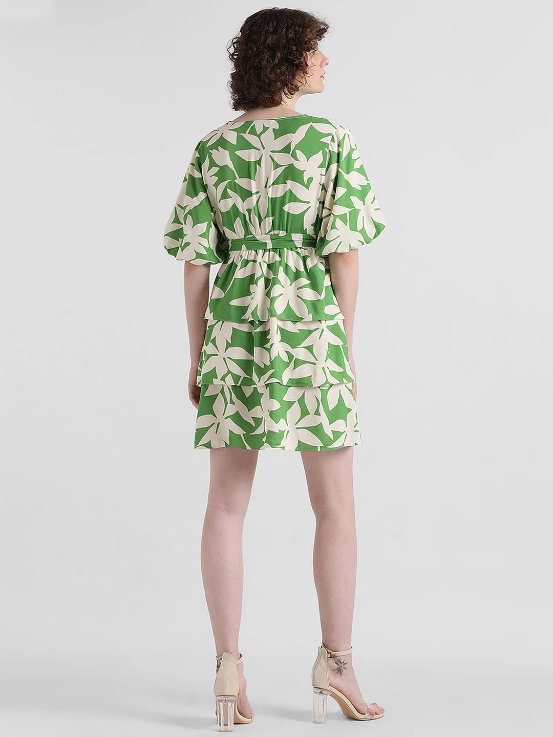 Green Tropical Print Mini Dress