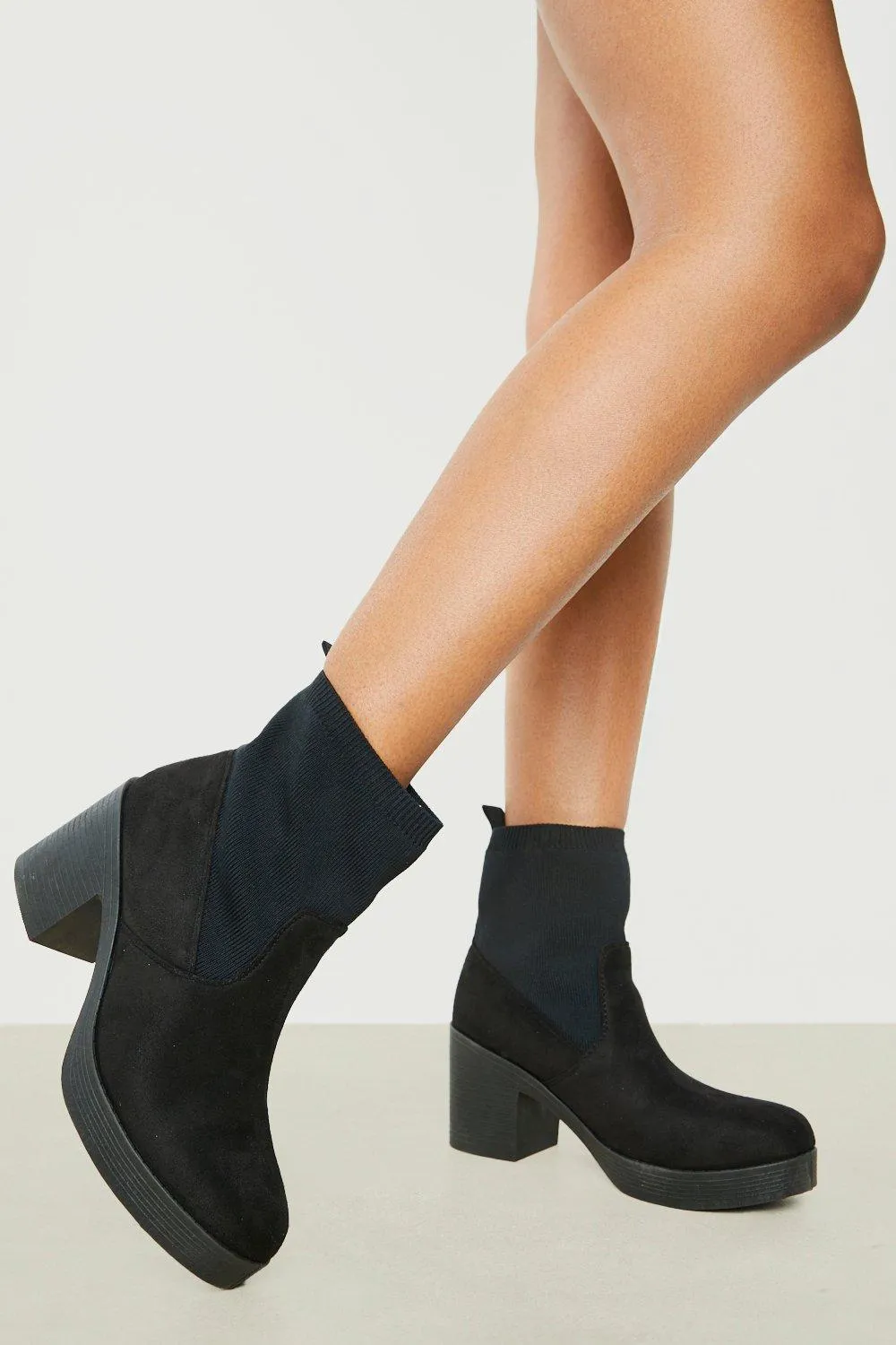 Knitted Detail Block Heel Sock Boots