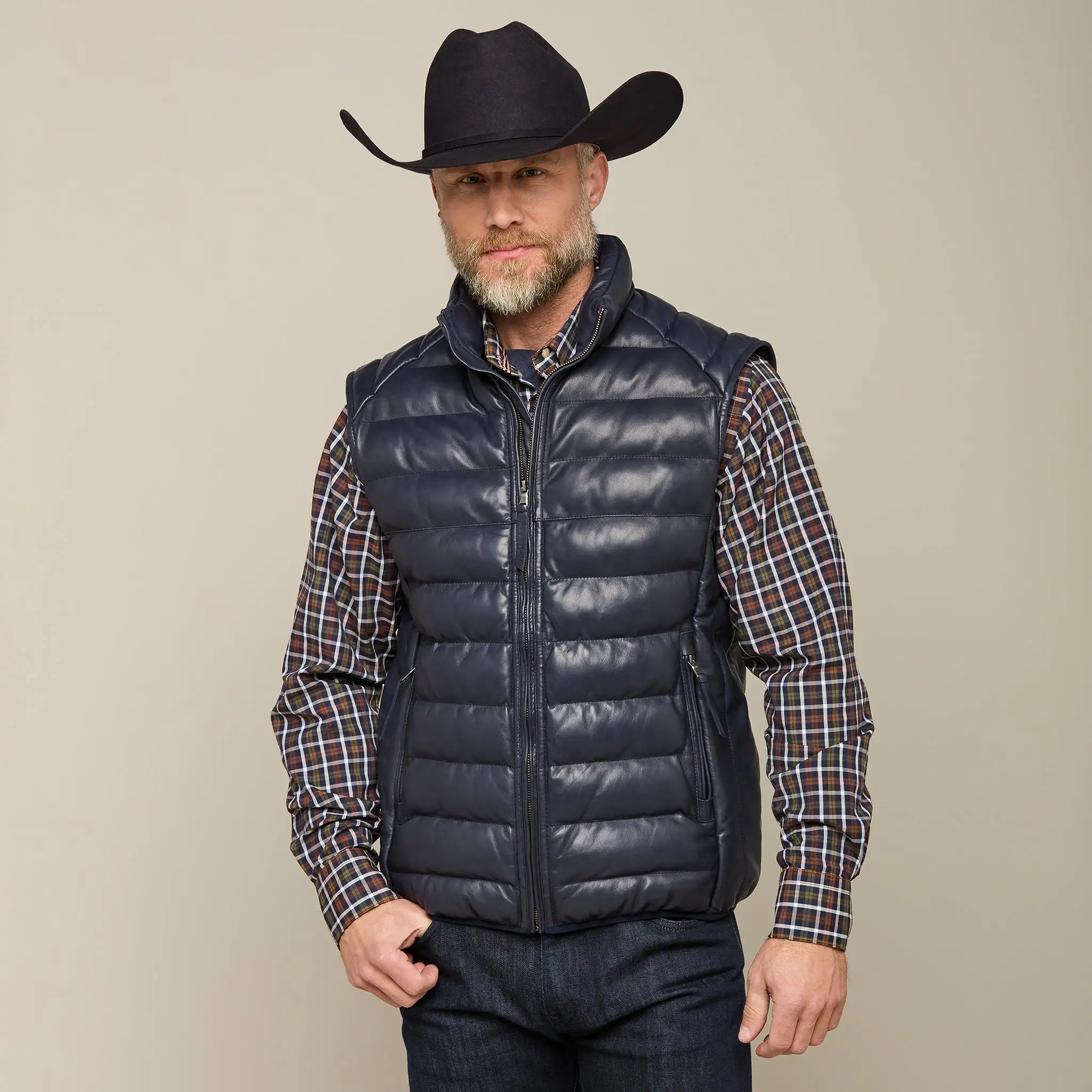 Men's Leather Puffer Vest :: Navy