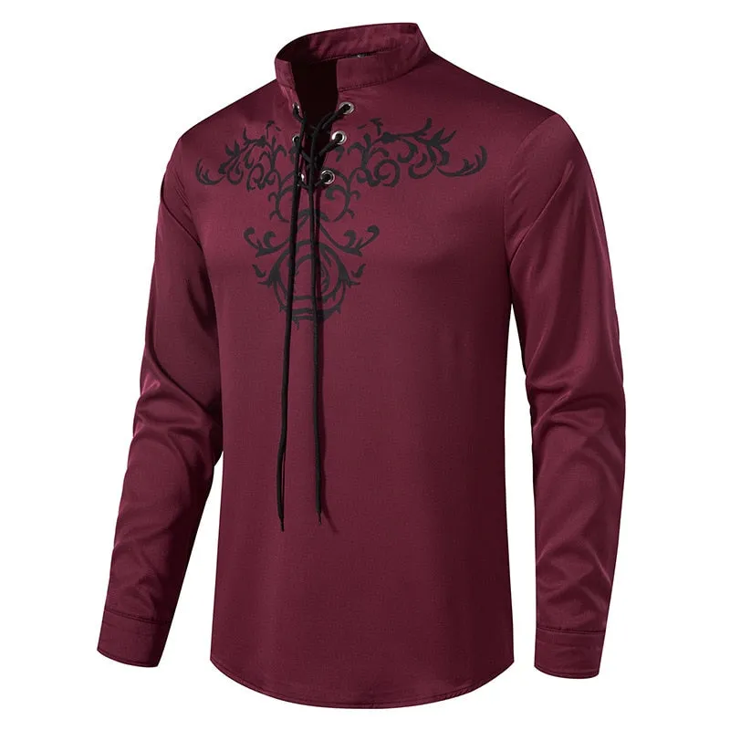 Men's Retro Printed Pullover Closure Lace Up Long Sleeve Casual Shirt