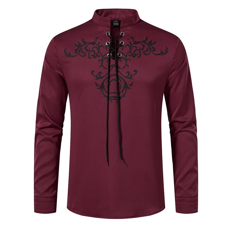 Men's Retro Printed Pullover Closure Lace Up Long Sleeve Casual Shirt