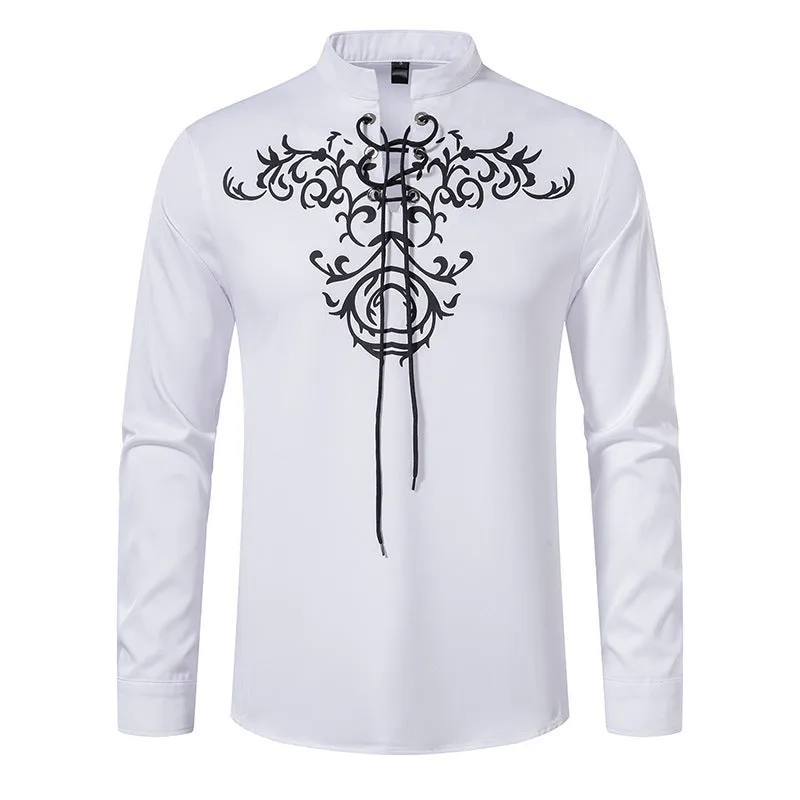 Men's Retro Printed Pullover Closure Lace Up Long Sleeve Casual Shirt