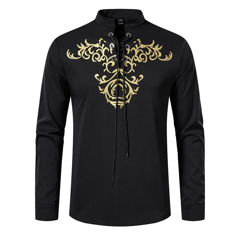 Men's Retro Printed Pullover Closure Lace Up Long Sleeve Casual Shirt