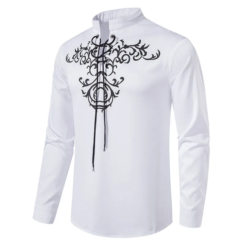 Men's Retro Printed Pullover Closure Lace Up Long Sleeve Casual Shirt