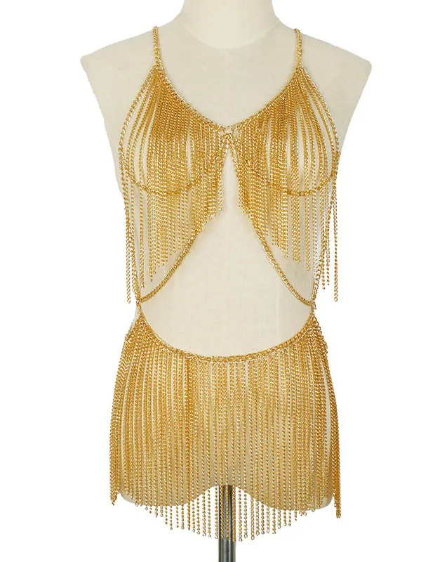 Momnfancy Gold Chain Tassel Crop 2-in-1 Glitter Sparkly Bikini Cover-ups Photoshoo Maternity Mini Dress