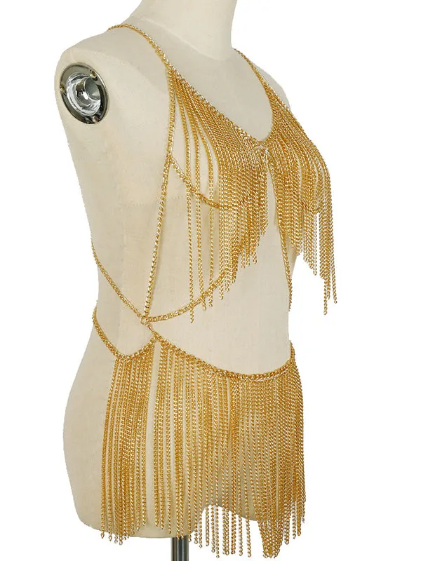 Momnfancy Gold Chain Tassel Crop 2-in-1 Glitter Sparkly Bikini Cover-ups Photoshoo Maternity Mini Dress