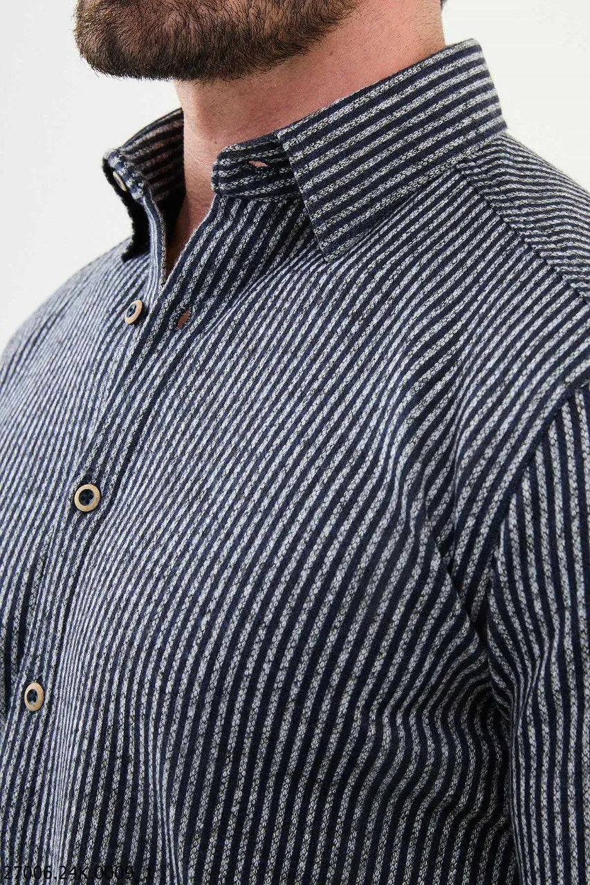 Navy Blue-Gray Striped Men's Casual Shirt.