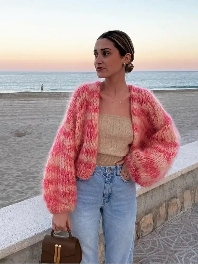 New Pink Striped Autumn Front Open Sweaters Long Lantern Sleeve Loose Crochet Cardigans Women Fashion Vintage Casual Streetwear