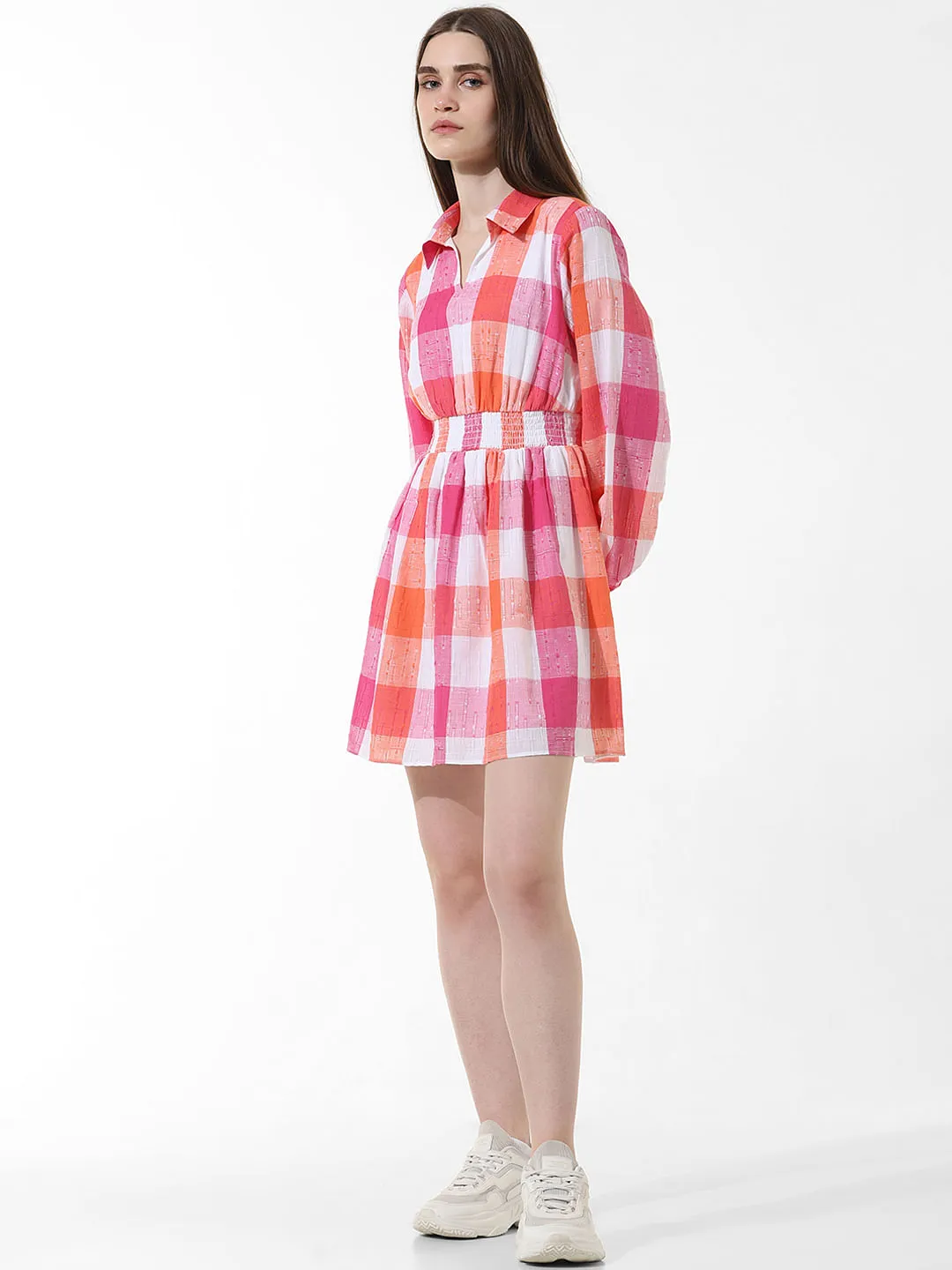 Pink Check Print Mini Dress