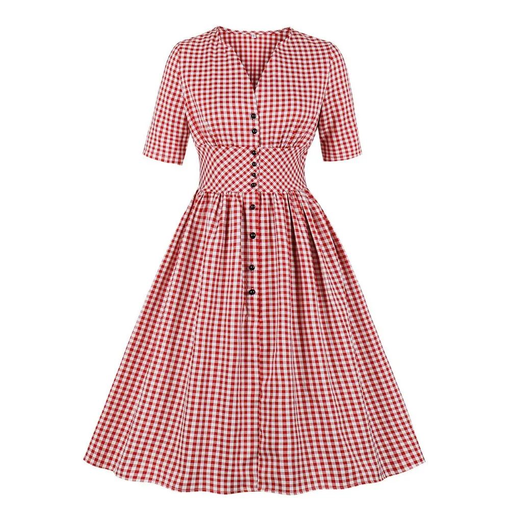 Red Plaid Vintage Retro Summer Short Sleeve Button Up Robe Pin Up Swing Elegant Women Casual Dresses