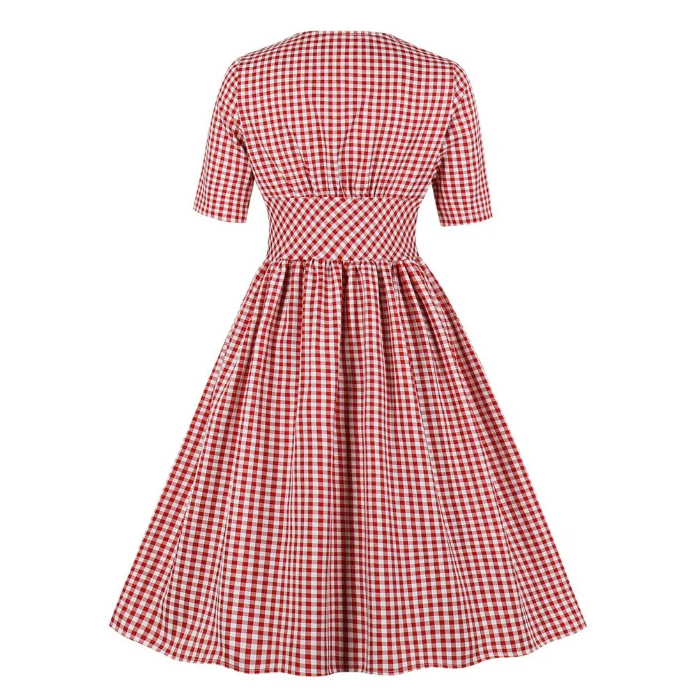 Red Plaid Vintage Retro Summer Short Sleeve Button Up Robe Pin Up Swing Elegant Women Casual Dresses