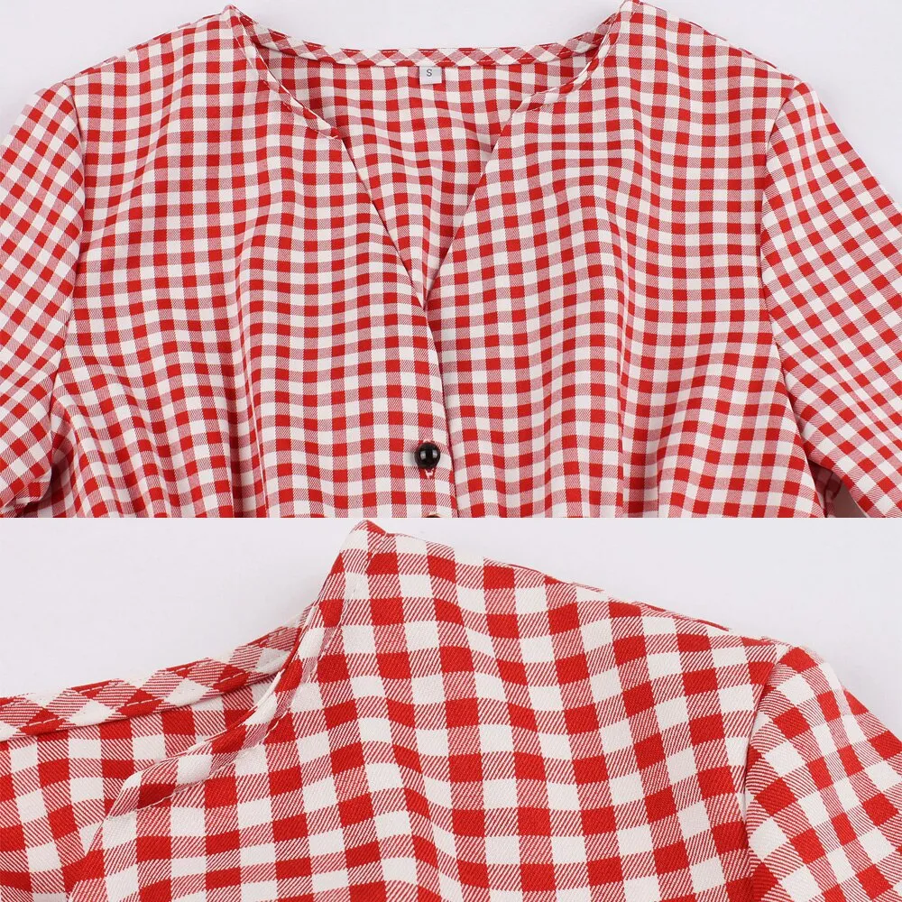 Red Plaid Vintage Retro Summer Short Sleeve Button Up Robe Pin Up Swing Elegant Women Casual Dresses