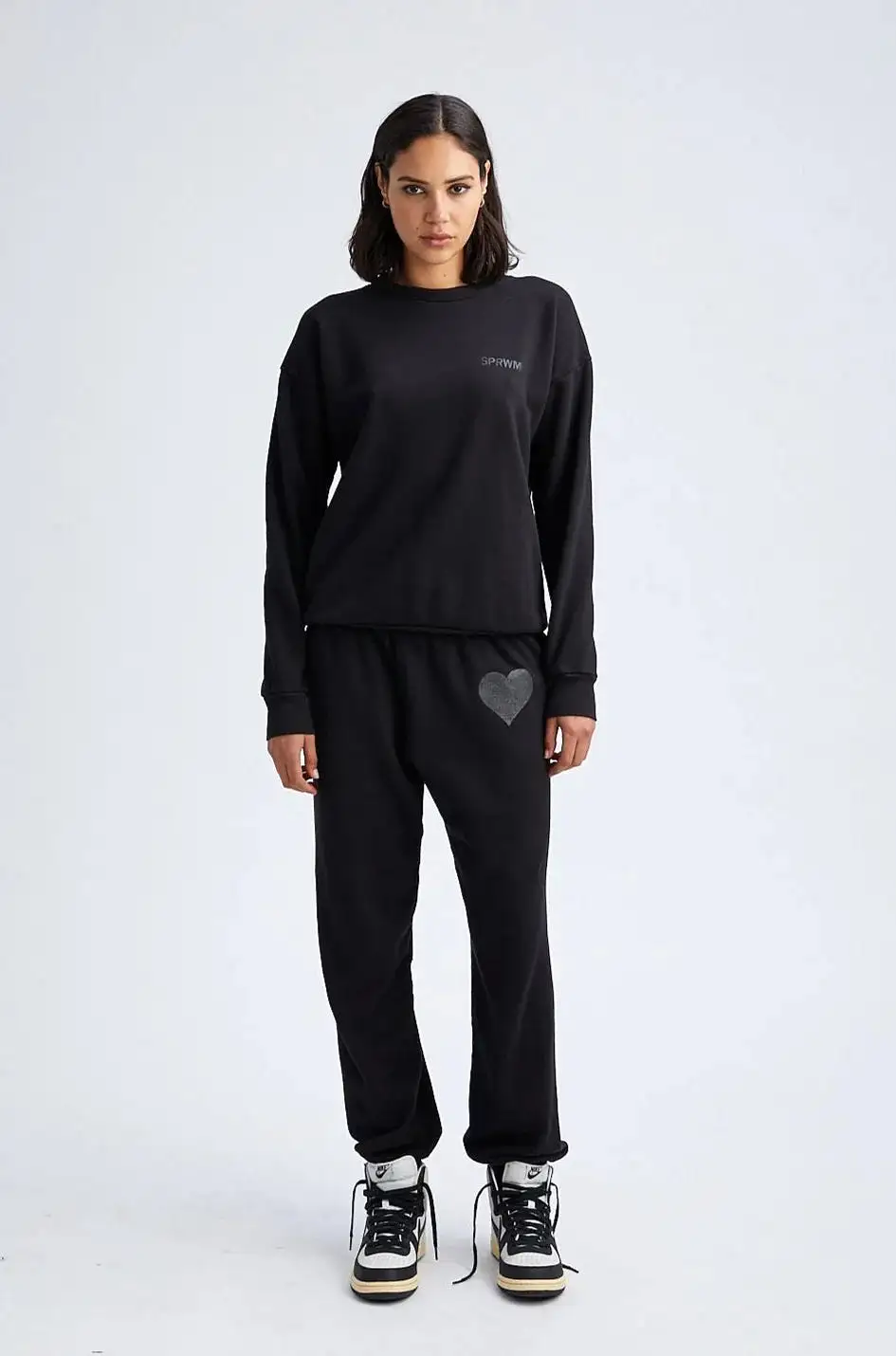 SPRWMN BLACK GLOSSY HEART SWEATPANTS