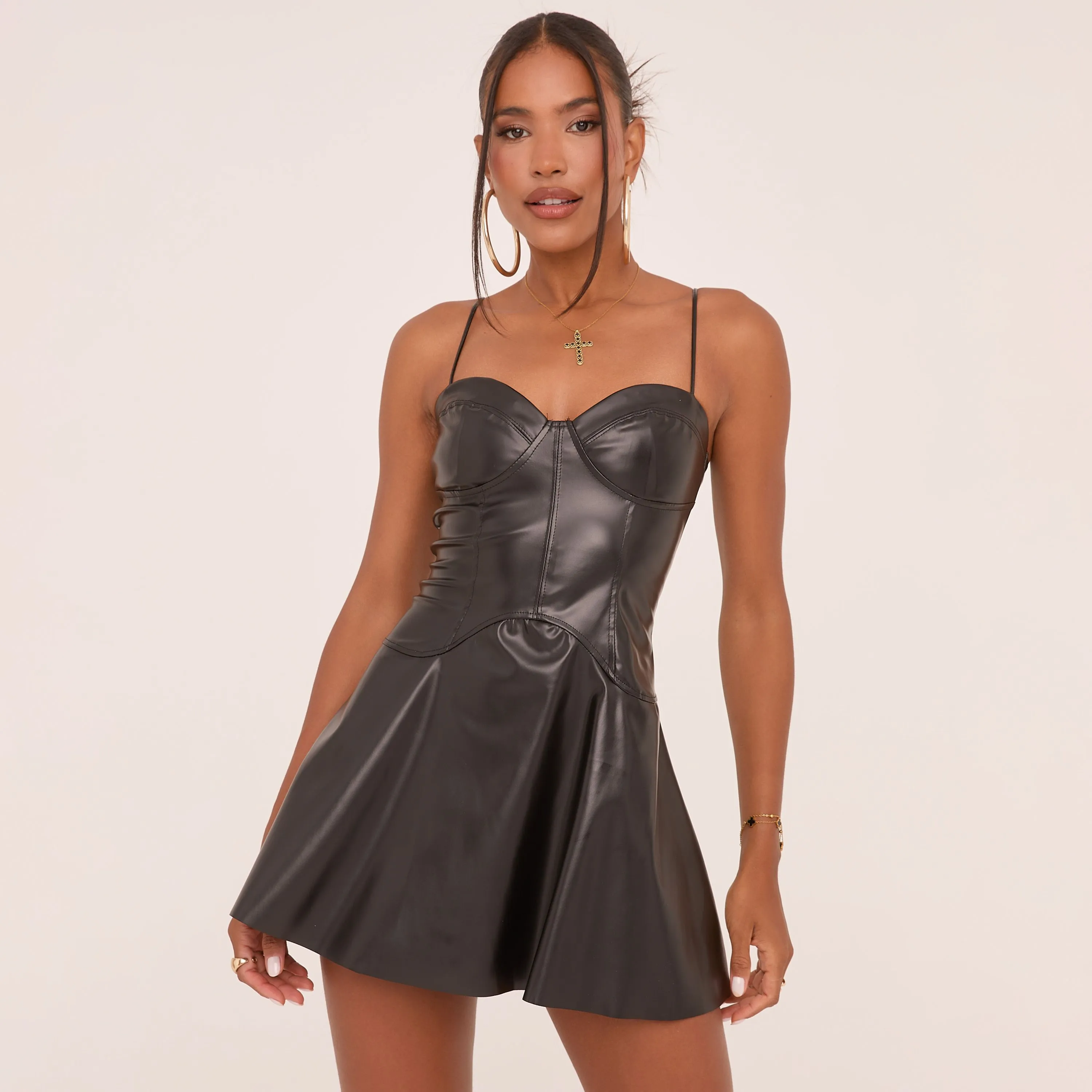 Strappy Cupped Skater Mini Dress In Black Faux Leather