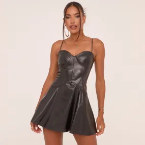 Strappy Cupped Skater Mini Dress In Black Faux Leather