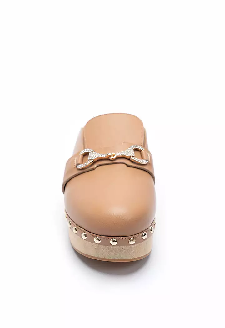 Studded Clogs With Low Wooden Heel