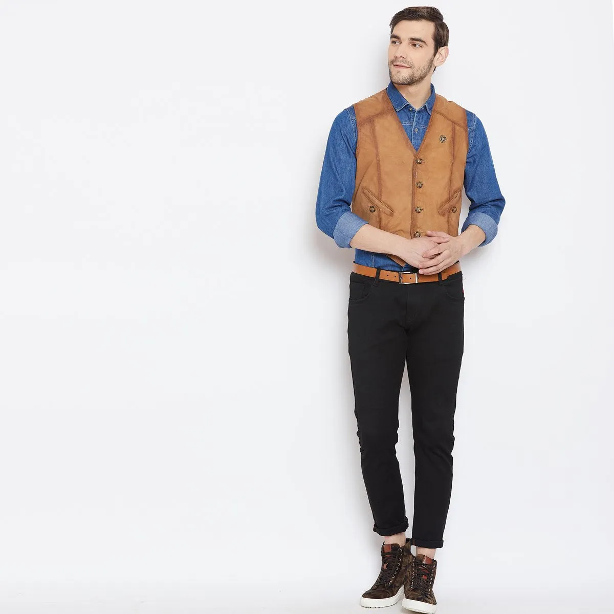 Tan Leather Straight Stitched Vests By Brune & Bareskin