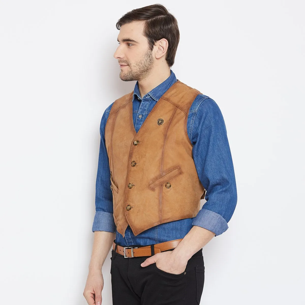 Tan Leather Straight Stitched Vests By Brune & Bareskin