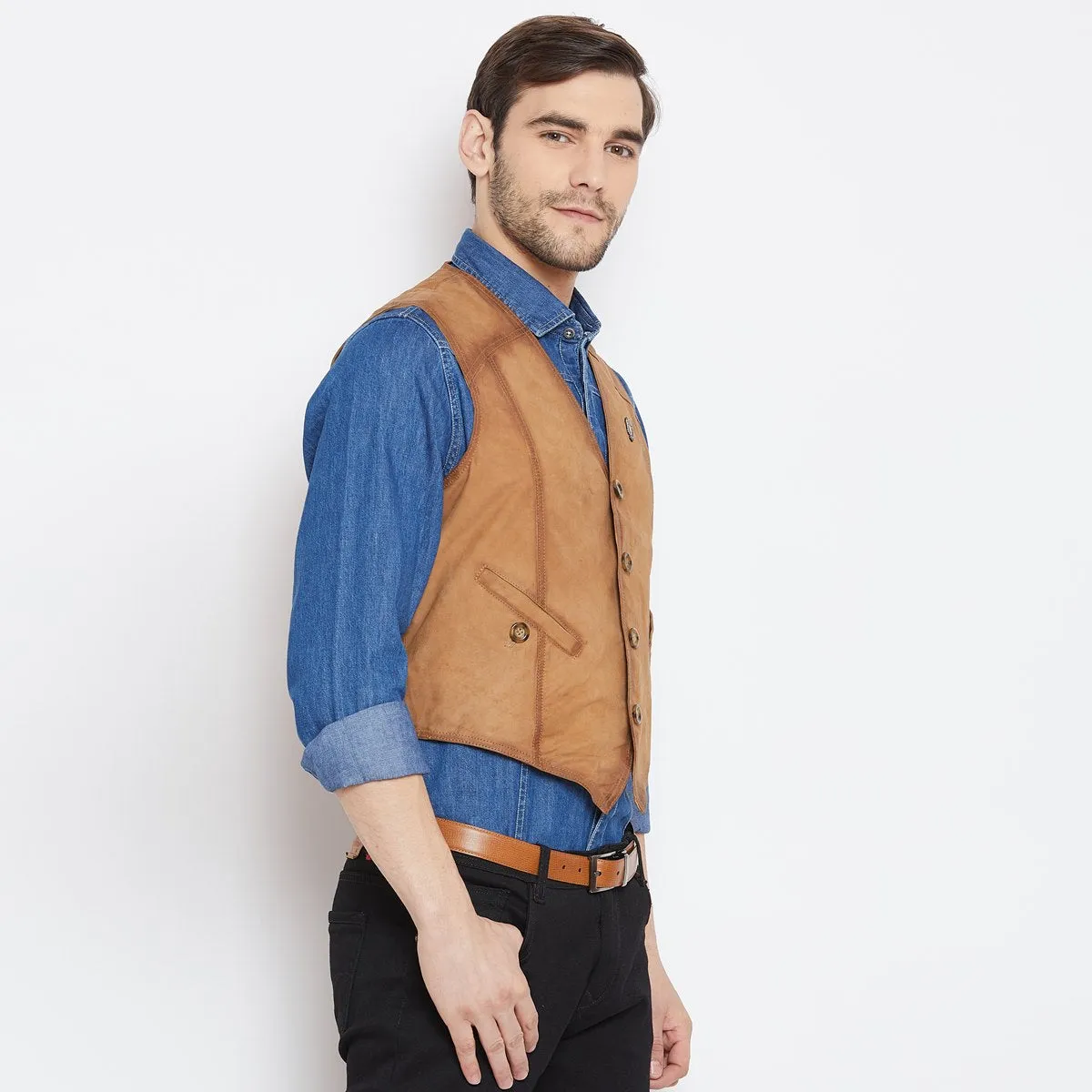 Tan Leather Straight Stitched Vests By Brune & Bareskin