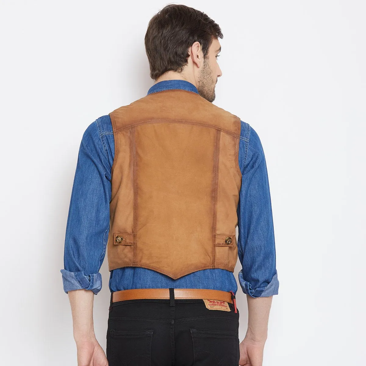 Tan Leather Straight Stitched Vests By Brune & Bareskin