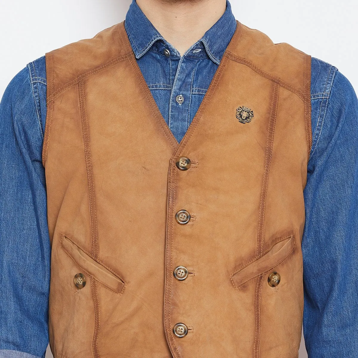 Tan Leather Straight Stitched Vests By Brune & Bareskin