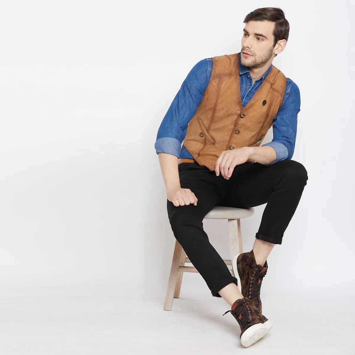 Tan Leather Straight Stitched Vests By Brune & Bareskin