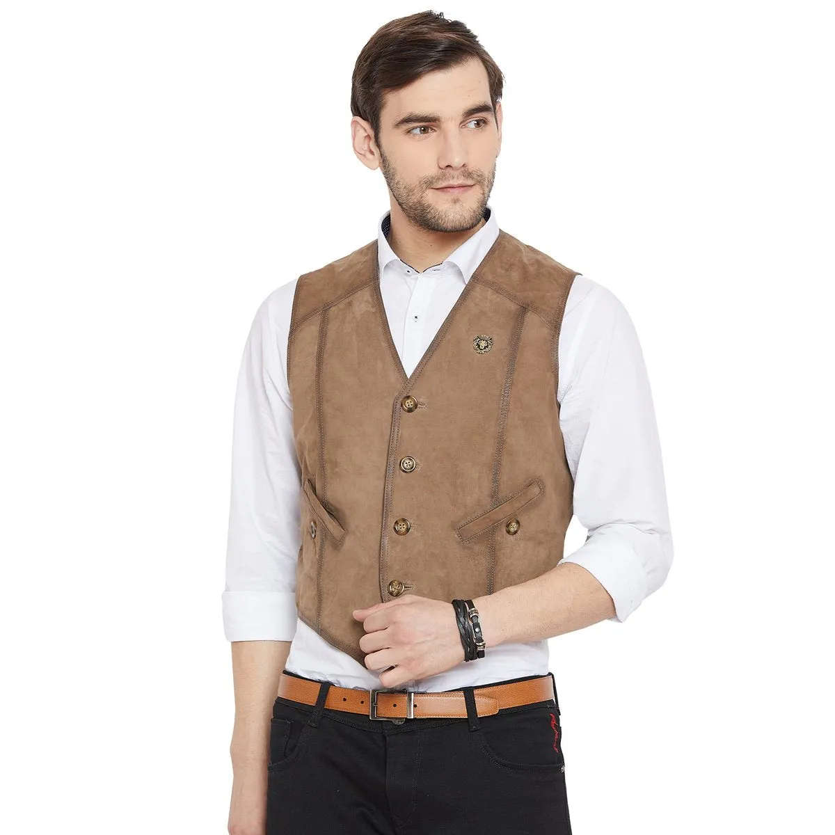 Taupe Leather Straight Stitched Vests By  Brune & Bareskin