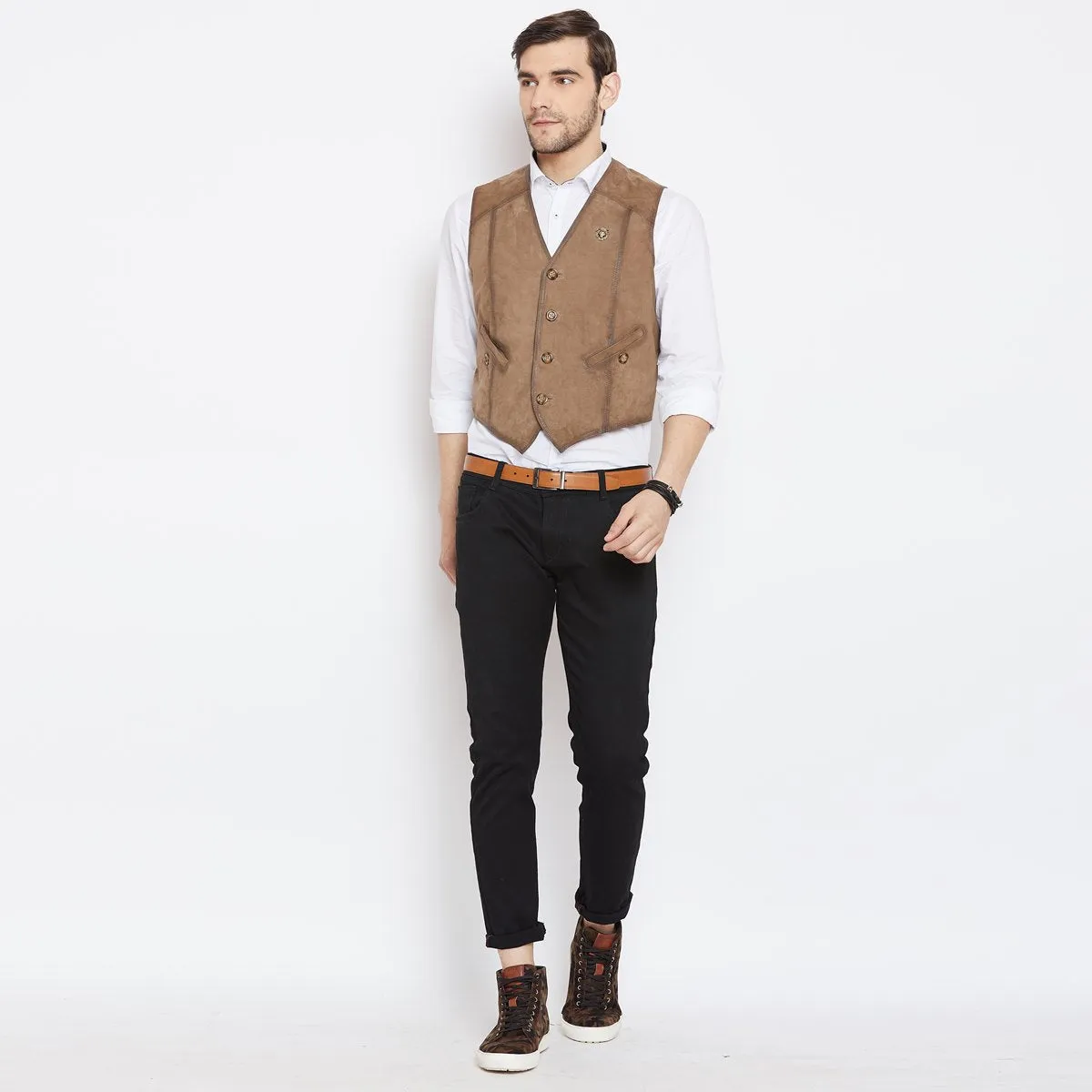 Taupe Leather Straight Stitched Vests By  Brune & Bareskin