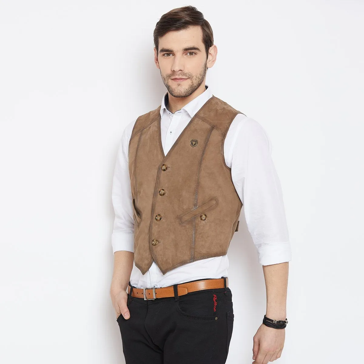 Taupe Leather Straight Stitched Vests By  Brune & Bareskin