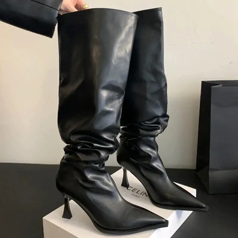 Women Long Runched Boots Ladies Pumps Shoes Fashion Design Pleated Slip-On Shoes 2023